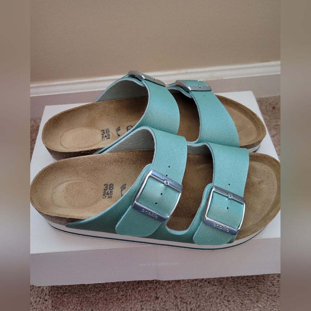 Birkenstock Arizona Pap Sandals – Icy Metallic Ocean Breeze (Size 38 / US 7)